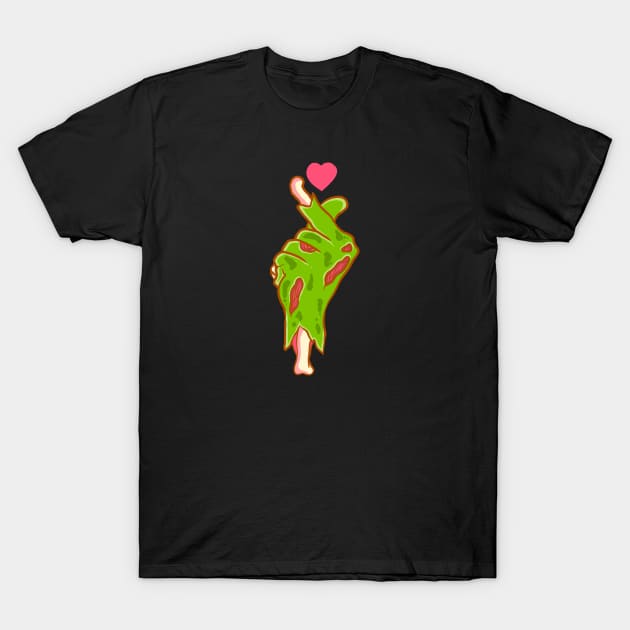 zombie hand saranghae finger heart T-Shirt by guilhermedamatta